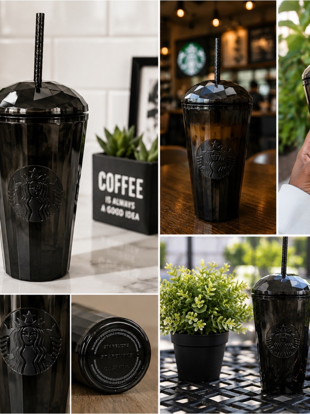 Starbucks Black Onyx Faceted Tumbler 16oz Dome Lid Cold Cup Straw Siren
